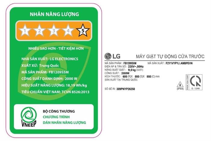 Máy giặt LG Inverter 9 kg FB1209S5M
